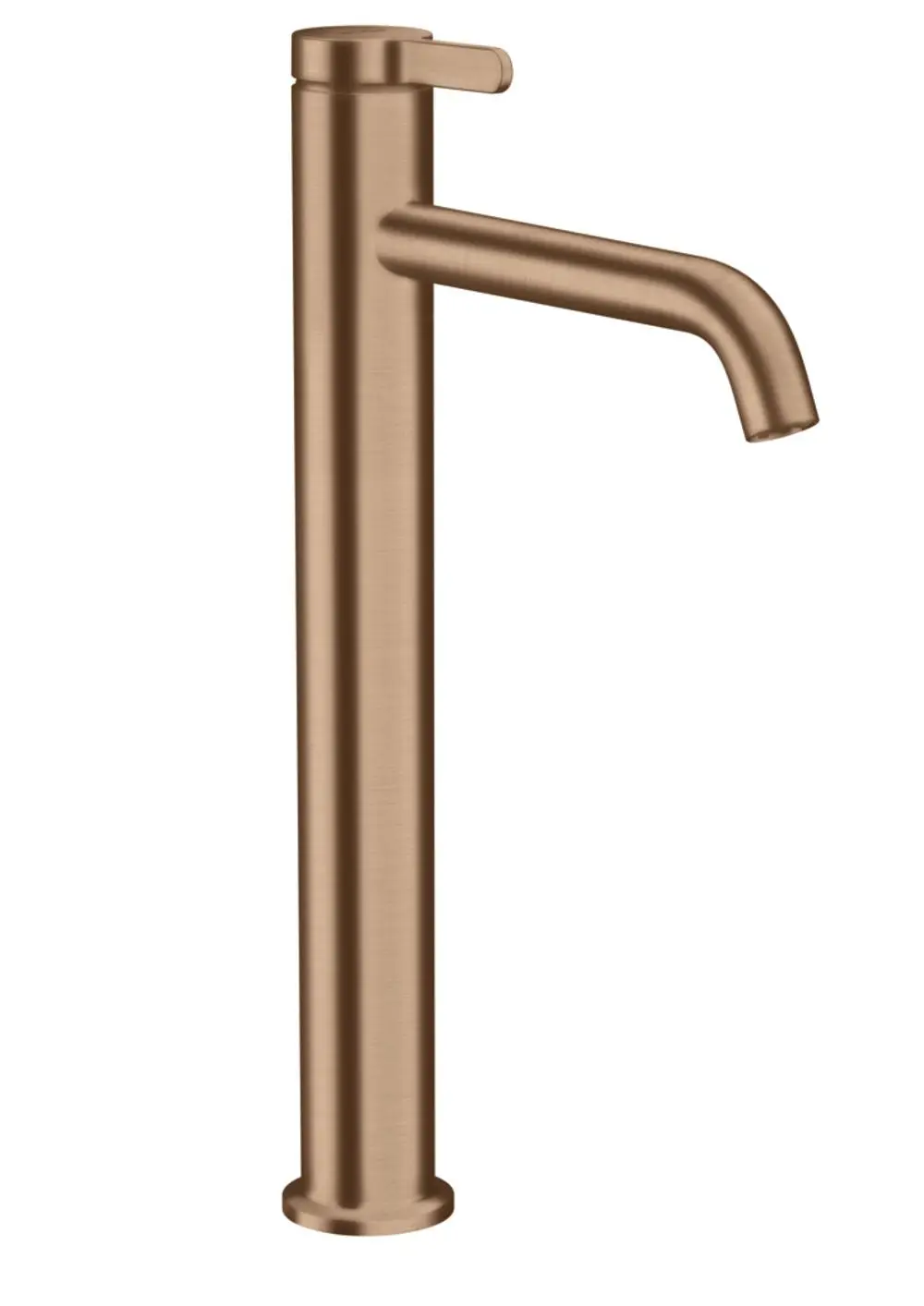 Ein Einhebel-Waschtischmischer in Brushed Red Gold von AXOR mit einem hohen, schlanken Design und einem Hebelgriff für Aufsatzwaschtische.